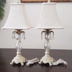 2 White antique table lamps with hanging crystals