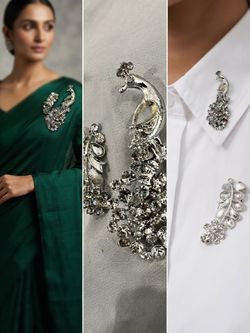 Silver Peacock Crystal Brooch Pin Set