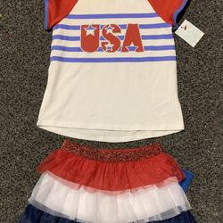 New toddler girl size 2T Fourth 4th of July shimmery patriotic shirt and tulle skort skirt outfit
