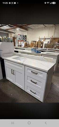 Beautiful white 60" bathroom Vanity with gold marble top
