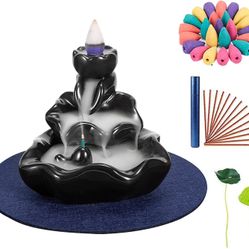 Incense Waterfall Burner,Ceramic Backflow Incense Burner Holder with 30 Backflow Incense Cones + 20 Incense Sticks,Aromatherapy Ornament Home Decor,Ha