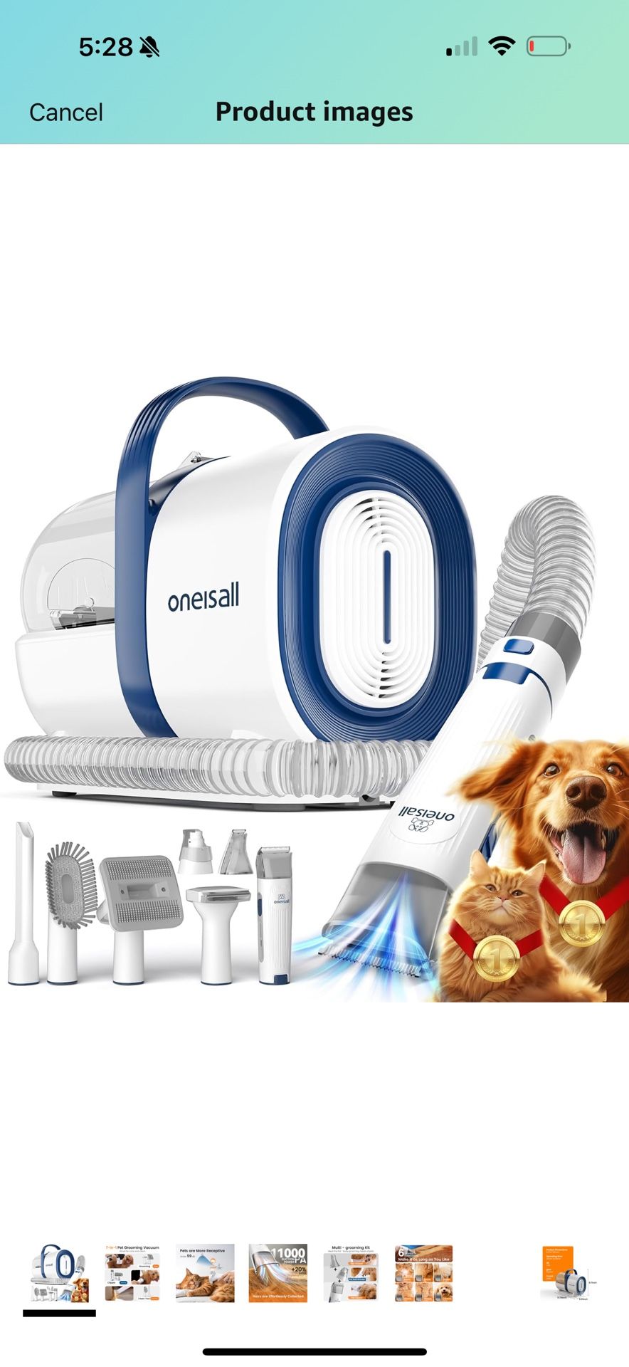 oneisall Dog Grooming Vacuum, Pet Grooming Vacuum with Clipper Nail Grinder, 1.5L Dust Cup Dog deshedding Vacuum Brush with 7 Pet Grooming Tools for S