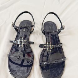 Leather Larroude Sandal Navy Flat