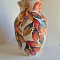 Hand designed decoupaged fall leaf vase
