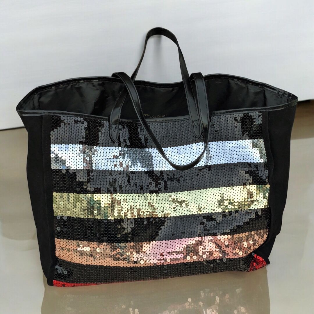 Victoria’s Secret Large Black Sequin Striped Logo Canvas Travel Tote Bag