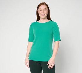 Susan Graver Essentials Knit Bateau Neck Top w/ Elbow Sleeves Bold Green, Medium