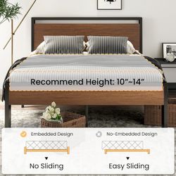 14 Inch King Size Metal Platform Bed Frame with Wooden Headboard and Footboard, Mattress Foundation, No Box Spring Needed, Large Under Bed 