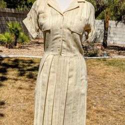 1970s JC Penny VTG Beige Linen Petite 5/6 Cotton/Poly Button S/S Shirt Dress EUC