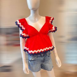 Day & Moon Red Rick Rack Patriotic Top Sz Small