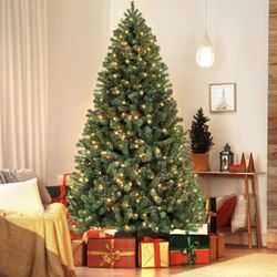 7.5ft Pre-lit Spruce Artificial Hinged Christmas Pine Tree Prelighted Holiday Xmas Tree for Home Party Decoration with 550 Warm White Lights and 1354 