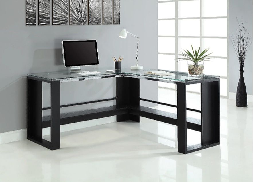 Whalen Jasper 60”W L Shaped Glass and Wood Desk