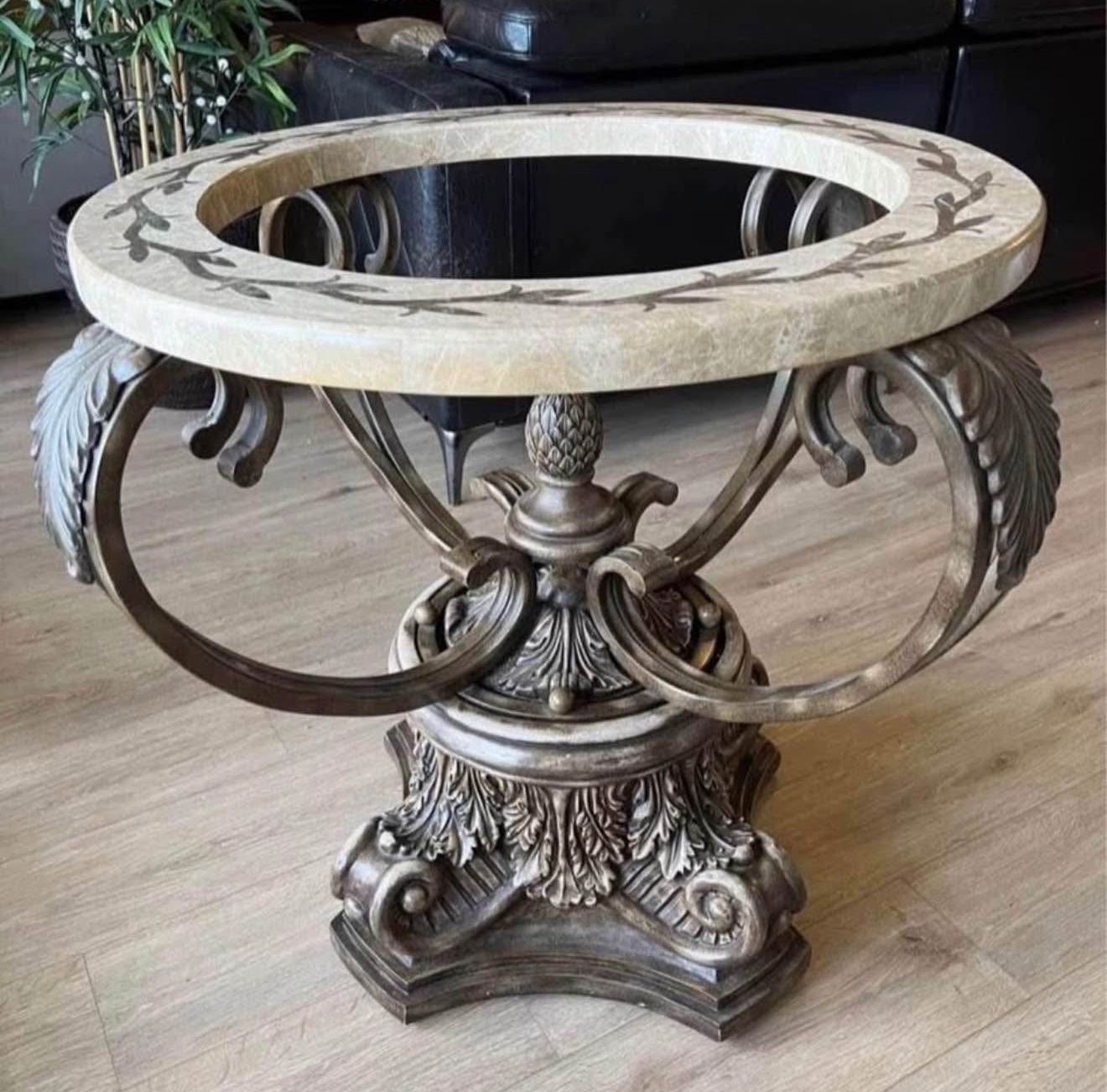 BASE ONLY!!  Rooms To Go Rare Traditional Round Marble / Iron base for Dining Table 4 seats  The glass is missing. 