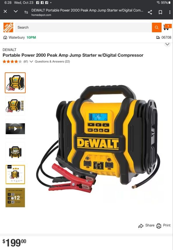 Portable Power 2000 Peak Amp Jump Starter w/Digital Compressor