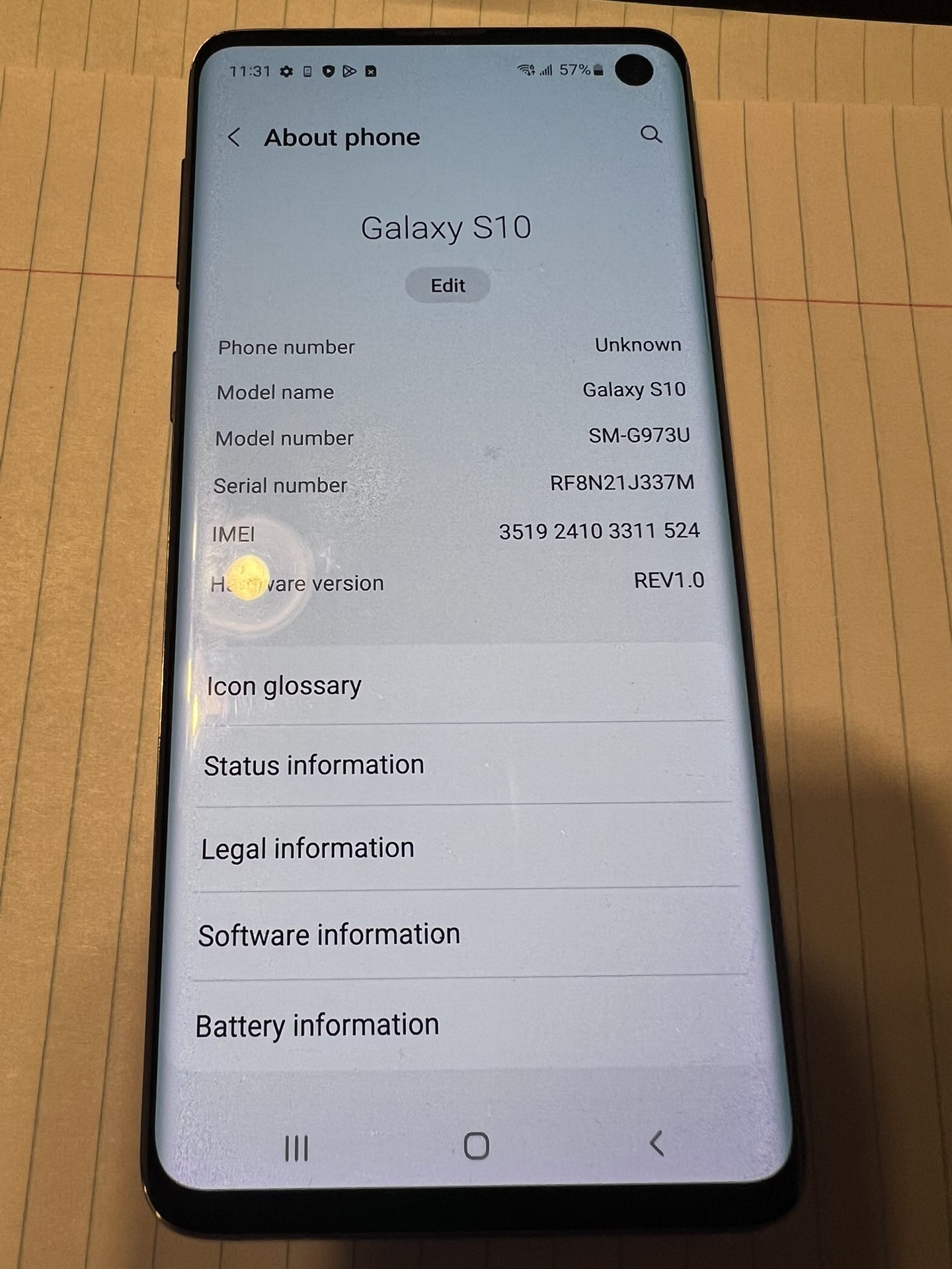 Samsung Galaxy S10 SM-G973U 4GB/128GB Unlocked 128GB black, lens cover cracked