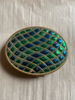 Vintage Avon Empress Enamel Quilted Blue Green Compact Mirror Powder Refillable Case