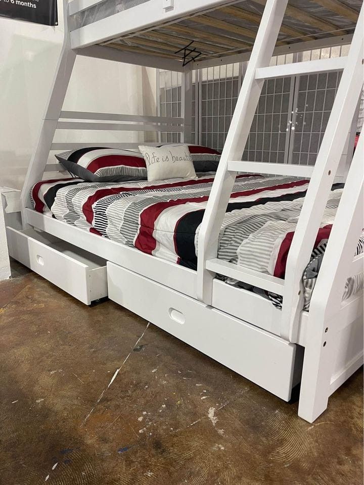🌹Ashton White 2-Drawer Wood Twin Over Full Bunk Bed👉$10 Down Payment Financing and Delivery available