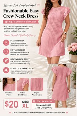 Pink Pleated Crew Neck Ruffle Sleeve Dress