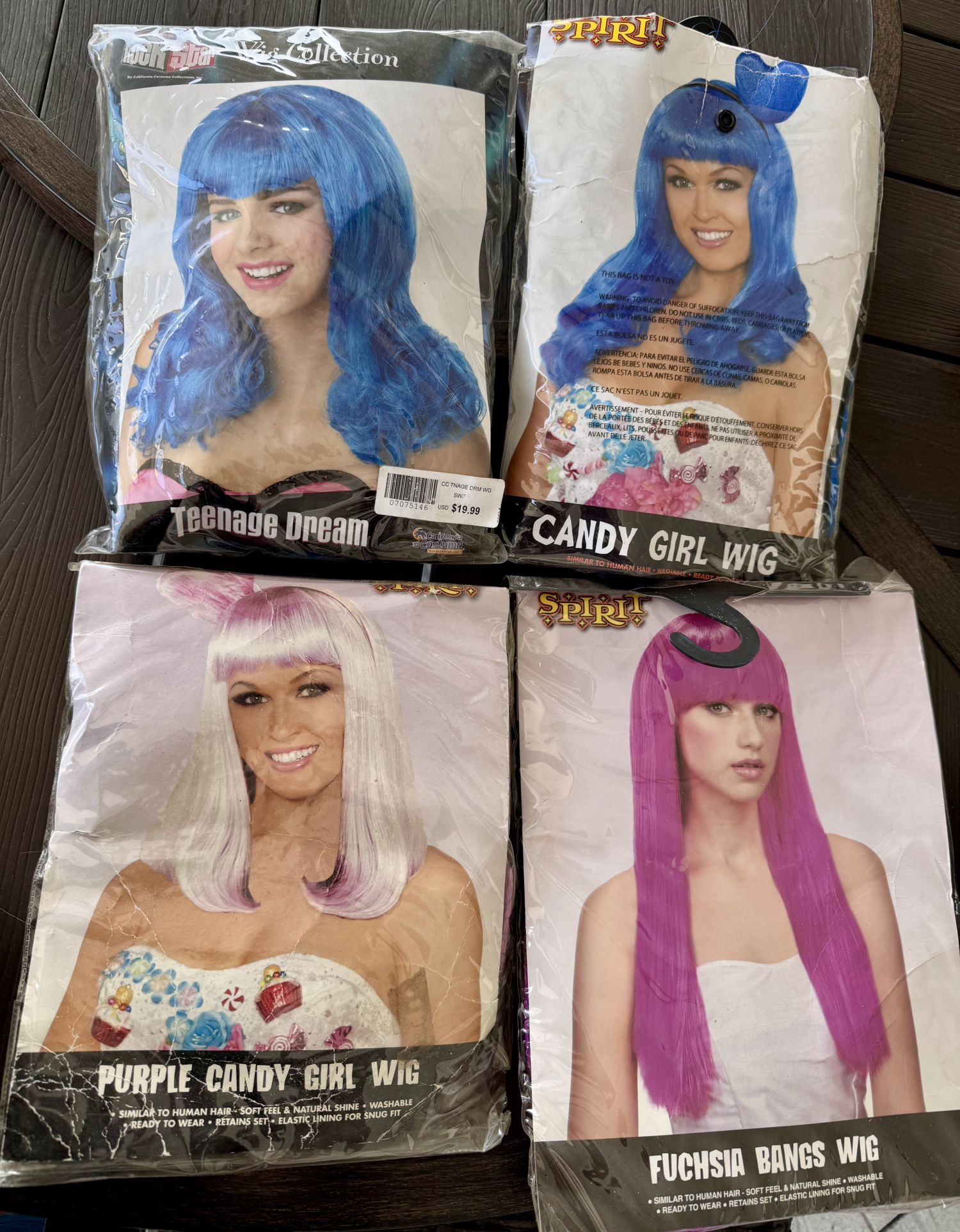 Halloween Wigs, Purple, Blue, Pink 