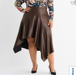 Ashley Graham Womens Plus Midi Faux Leather Asymmetrical Skirt