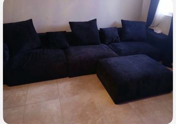 Boneless Black Corduroy Sectional Sofa with Ottoman