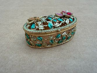 Vintage Jeweled Enamel Trinket Box Butterfly Bee Floral Rhinestone Gold Tone