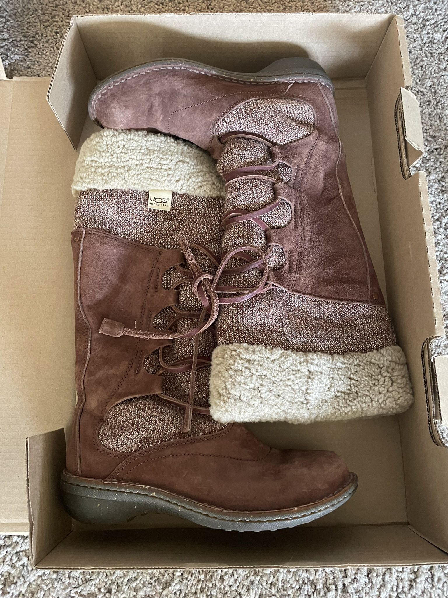 Ugg Shearling Chocolate Brown Sweater Lace Up Boots Size 6.5