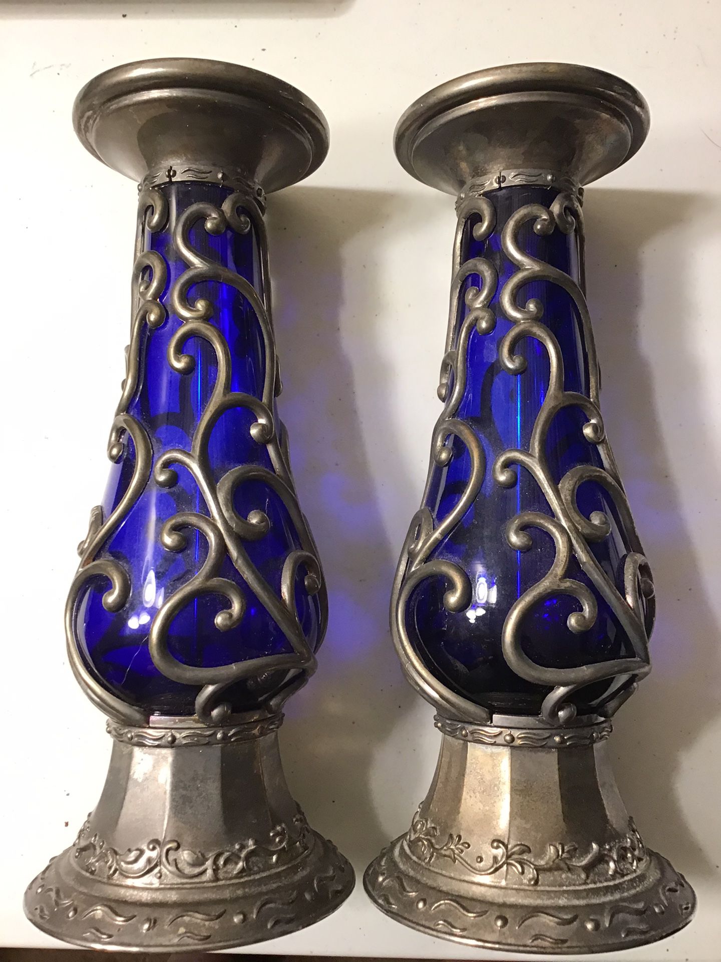 Cobalt Blue Glass & Metal Candleholders 