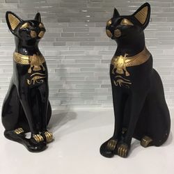 Egyptian Cat Goddess Bastet Statues with Gold Necklace: Set of Two