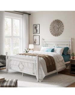 O24 $80  14 Inch Full Size Metal Platform Bed Frame, Vintage Victorian Style, Wrought Iron Headboard and Footboard/Mattress Foundation for Storage  Si