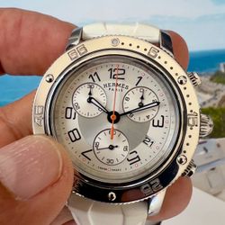 HERMÈS Stainless Steel & Rubber 37mm Clipper Chronograph Swiss Made Quartz Watch, featuring a reliable ETA movement with 25 jewels, sapphire crystal,
