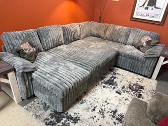 Gray Ribbed Plush Sectional Sofa with Chaise