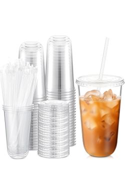 18 oz ,50 Sets Clear Plastic Cups with Lids and Straws, Disposable  (new)