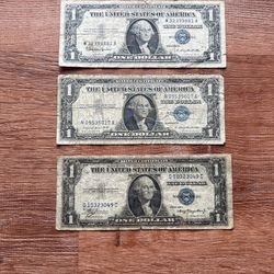 3 Silver Certificate One Dollar Bills- 1935 A -1957 A -1957 B