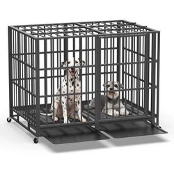 60" Heavy Duty Indestructible High Anxiety Dog Crate Cage for Large Dog with Steel Escape Proof,Double Doors ,Lockable Wheels and Removable Tray