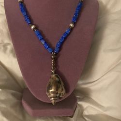 925 Mexico Sterling Lapis and Pearl Conch Shell Silver Pendant 16 inches plus 2
