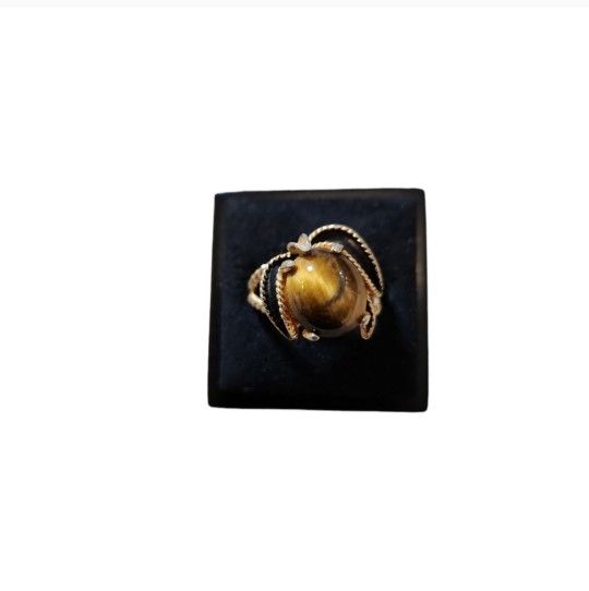 Vintage Size 7.25 18K HGE Gold Toned Tigers Eye Cocktail Ring Tarnished Band