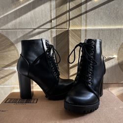 Leather Zip-up And Lace-up Chunky Ankle Boots