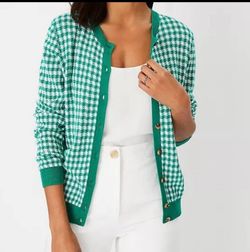 Ann Taylor Houndstooth Cardigan Sweater Green-XL