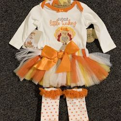 New Baby Essentials girls size 3 month Cutest Little Turkey 4 piece Thanksgiving outfit - bodysuit, tutu skirt, headband and leg warmers 