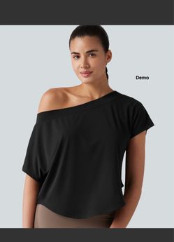 Halara One Shoulder Short Sleeve Curved Hem High Low Yoga Sports - Black (Medium)