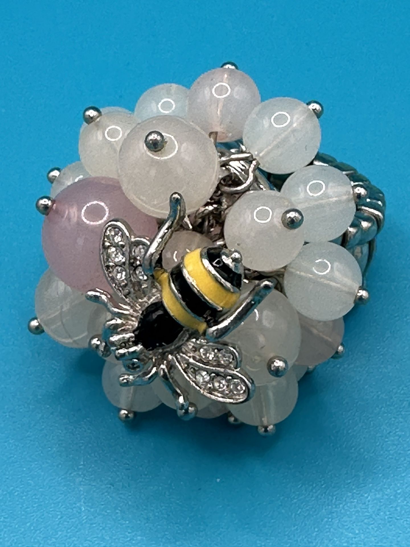 Rose Quartz Beaded Stretch Ring With Rhinestone & Enameled Honey Bee