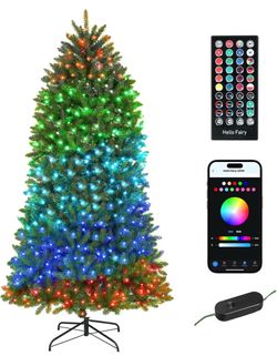 HOMCOM 7.5ft Smart Prelit Christmas Tree Full-Spectrum RGB LEDs Green Dimmable, App and Remote Control, Wide Full Hinged Xmas Tree, Easy Assembly, Art