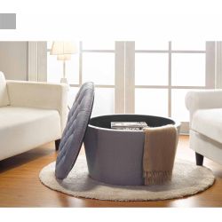 Better Homes and Gardens Round Tufted Storage Ottoman with Nailheads, Gray