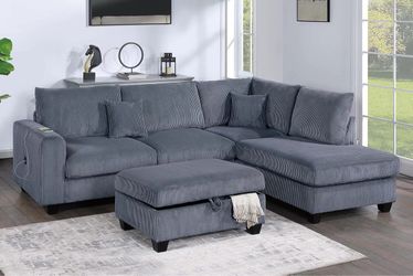 3-Piece Sectional Set RAF Chaise + LAF Sofa W/ USB Port + Storage Ottoman