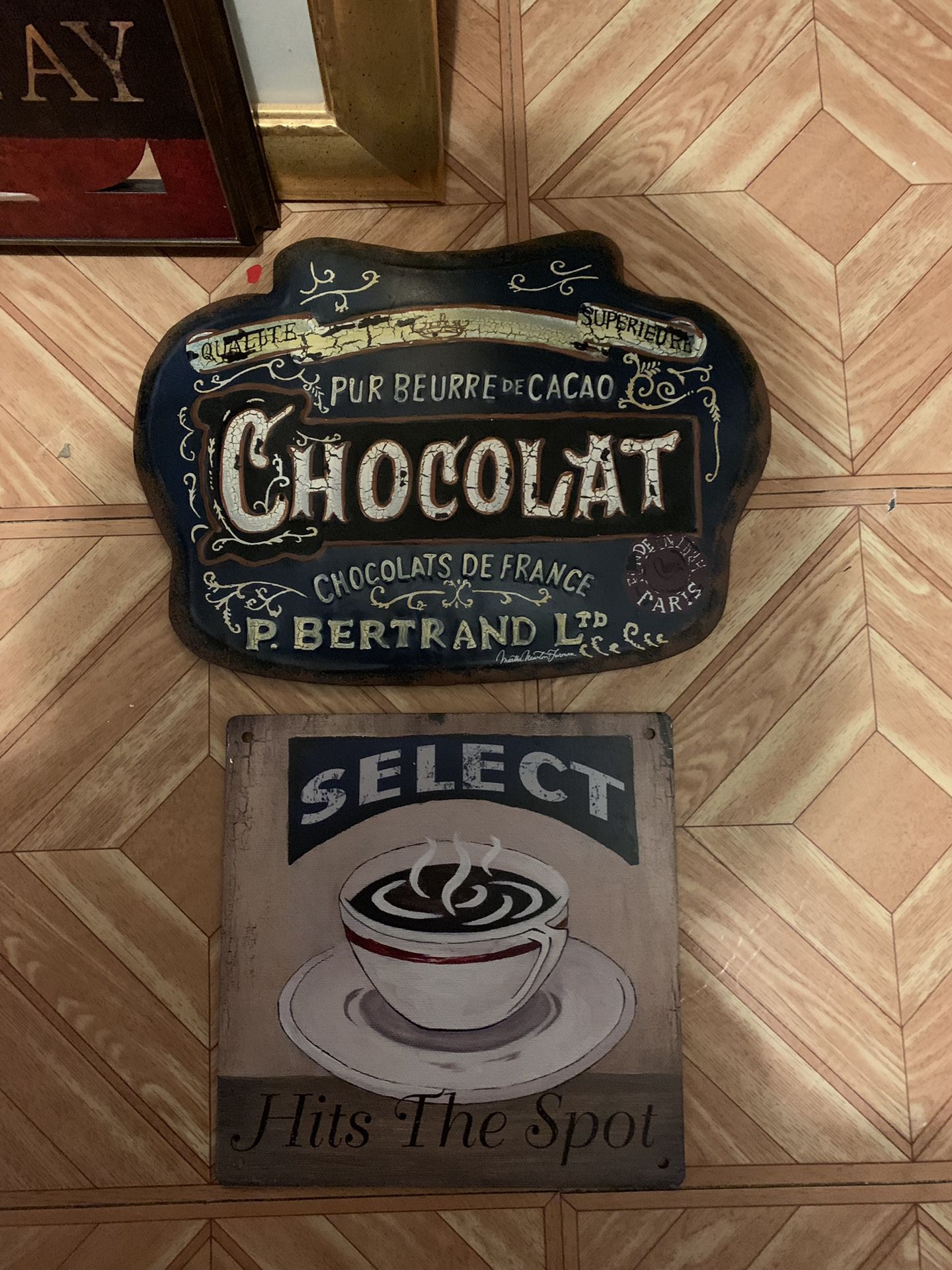 Coffee & chocolate sign $10 for both / wooden cross $15/ Dark Roast sign $20/ Angel Picture $15/ Wine Picture and plaques $25/ Bar Stools $150 for 4