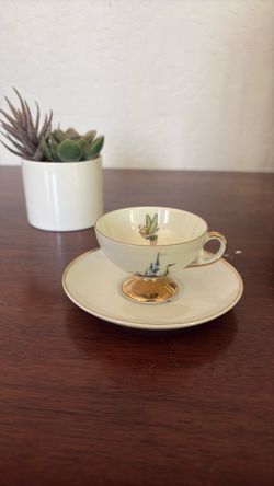 Disneyland Porcelain Coffee Cup & Saucer Set Gold Trim Castle Design Decorated