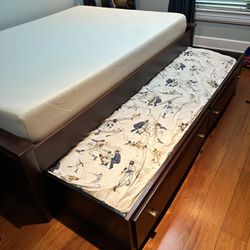 Queen Bed  Frame With Twin Trundle & Shelf Headboard 