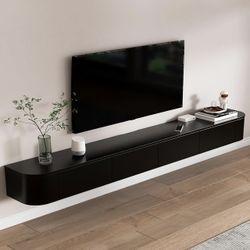 Floating TV Stand 95 Inch Wall Mounted TV Cabinet with LED Light Strip, TV Media Console with Flip-Down Door & Drawers for Living Room (Black)