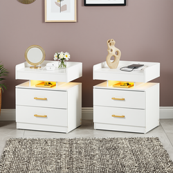 Homy Casa 2PC IVERN White Nightstands with LED Light 2 Drawers for Bedroom