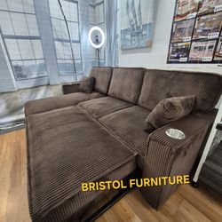 👑 Sectional Sofa Bed, Chocolate Color, Corduroy Fabric, New in the Box.